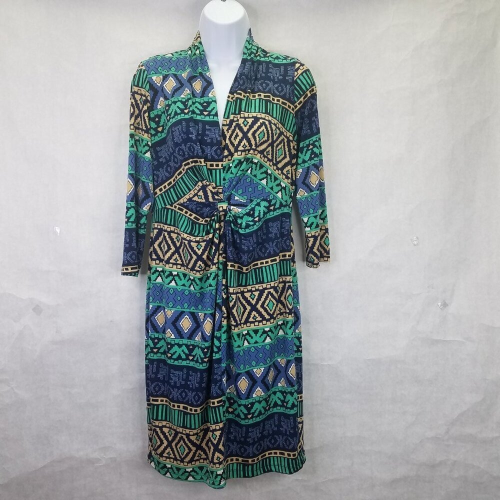 Tori Richard Honolulu Dress Women M 3/4 Sleeve Blue Ruched Front Vacation Cruise
